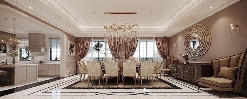 Bộ bộ bàn ăn 10 ghế đẹp, sang trọng tạo điểm nhấn sang trọng cho toàn bộ không gian. Thiết kế nội thất cao cấp