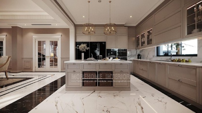 Trang trí nội thất phòng bếp sang trọng ấn tượng với bộ tủ bếp tân cổ điển cao cấp, quý phái. Thiết kế nội thất cao cấp