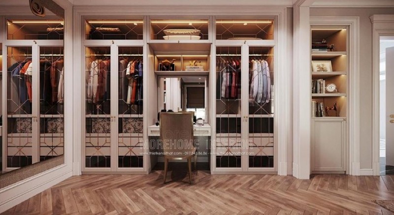 Tủ quần áo nhiều ngăn nhưng lại giúp bạn lựa đồ một cách nhanh chóng từ cánh tủ kính cường lực đẹp sang trọng. Thiết kế nội thất cao cấp