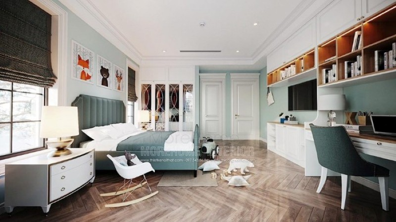 Trang trí nội thất phòng ngủ con đẹp, sinh động với giường ngủ bọc nệm, tab đầu giường đơn giản nhưng sang trọng cùng bộ tranh treo tường ngộ nghĩnh. Thiết kế nội thất cao cấp