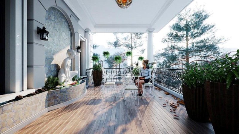 Bức tượng trắng đơn sắc tạo điểm nhấn phong thủy độc đáo cho khu vực giải trí ngoài trời. Thiết kế nội thất cao cấp