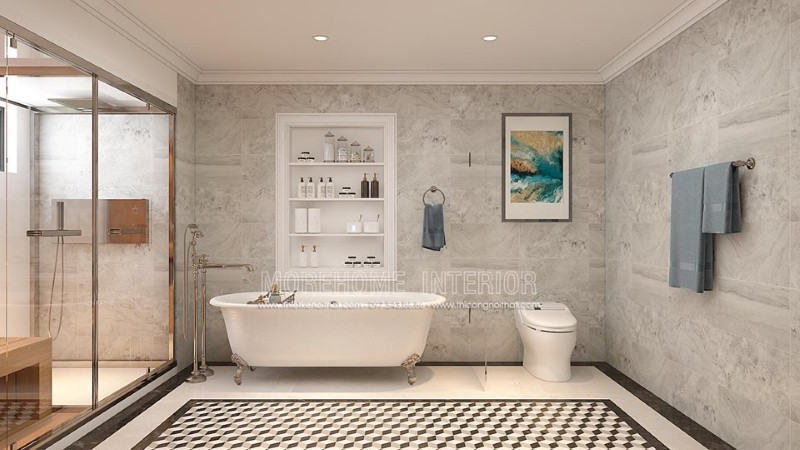 Bồn tắm độc lập Vitoria Hafele cao cấp kết hợp cùng cách bố trí khoa học, thẩm mỹ từ đá ốp tường, gạch lát nền giả cổ, vách tắm kính đã tạo nên không gian phòng tắm đẹp, sang trọng, độc đáo. Thiết kế nội thất cao cấp
