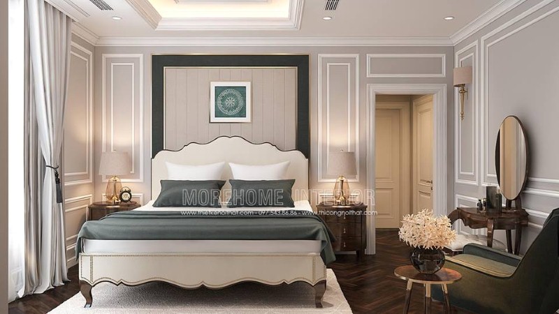 Bố trí nội thất phòng ngủ tân cổ điển sang trọng, quý phái. Thiết kế nội thất cao cấp