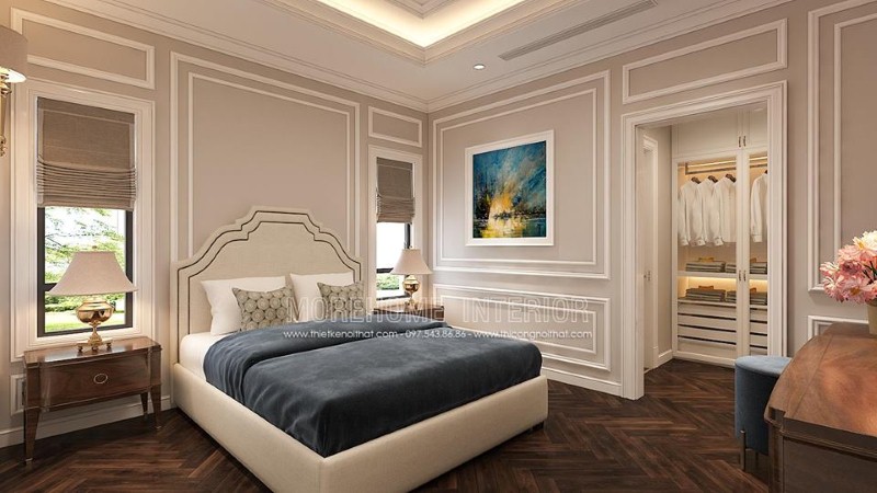 Thiết kế nội thất phòng ngủ tân cổ điển đẹp, sang trọng, tinh tế với gam trắng chủ đạo từ giường, tường, trần thạch cao. Thiết kế nội thất cao cấp