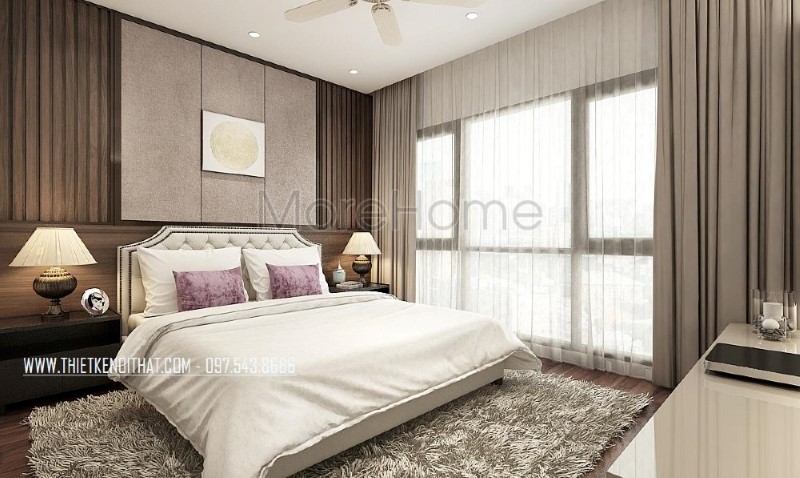 Phòng ngủ vợ chồng hiện đại, đẹp, sang trọng, thông thoáng với hệ cửa kính lớn luôn đón nắng nhưng cũng giúp ngăn nóng kịp thời với rèm 2 lớp. Thiết kế nội thất cao cấp