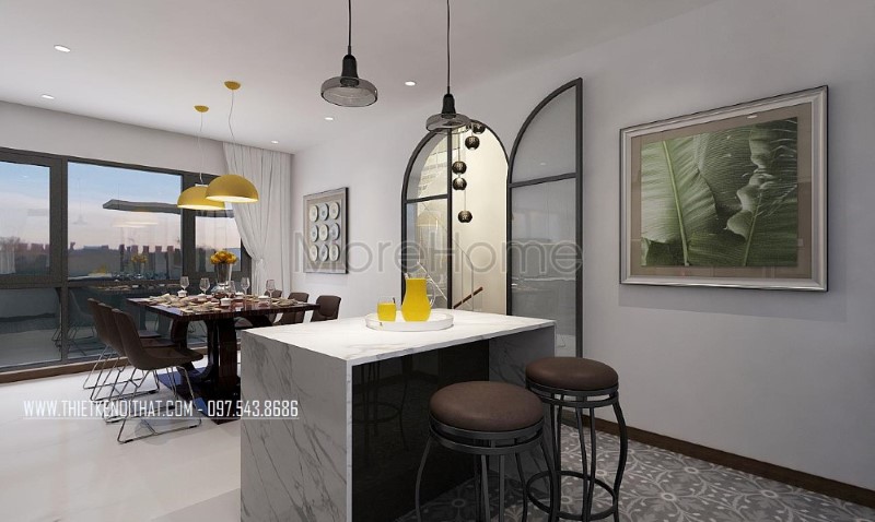 Thiết kế phòng bếp đảo kề phòng ăn mang phong cách hiện đại, đẹp, sang trọng. Thiết kế nội thất cao cấp