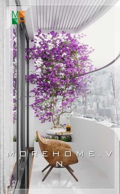 Morehome xin gợi ý cho bạn một mẫu ban công chung cư nhỏ xinh với ghế thư giãn bọc da kèm một bàn kính nhỏ để đồ, giúp bạn có không gian nghỉ ngơi thư giãn và ngắm nhìn thiên nhiên