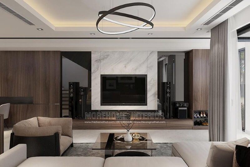 Trang trí tường phòng khách bằng đá marble đẹp sang trọng