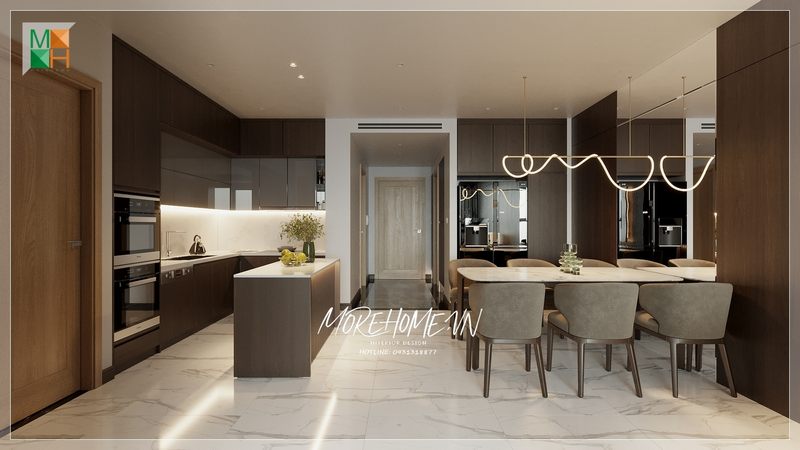 Thiết kế phòng ăn liền bếp trong căn hộ chung cư với nội thất hiện đại sẽ góp phần tốt cho sự tiện dụng của chủ nhà và tạo nên sự đẹp mắt cho không gian.